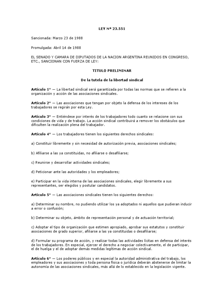 ley de asociaciones sindicales 23551